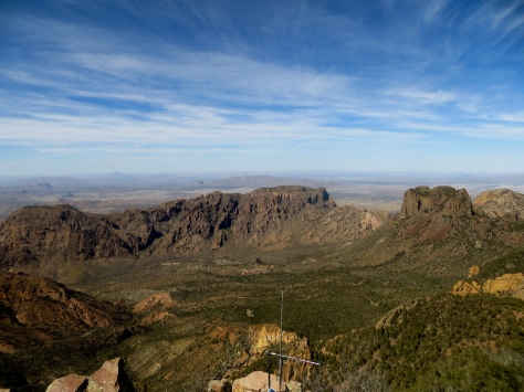 View of Chisos Basin from summit of Emory Peak.  Big Bend, TX.